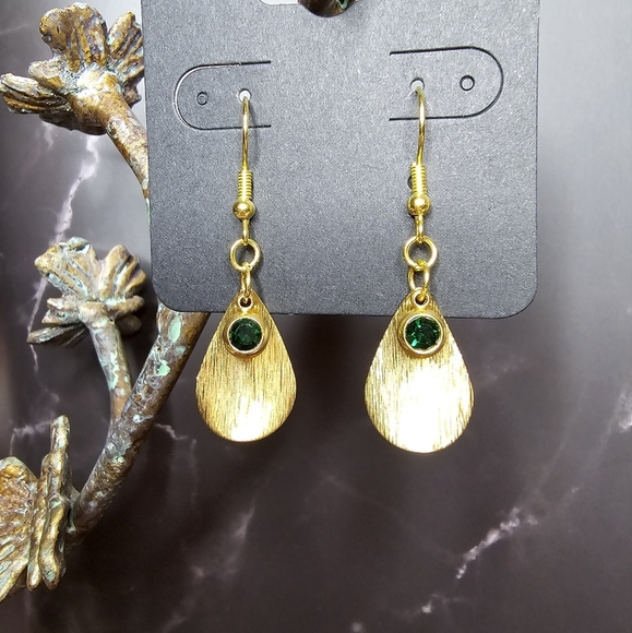 Brushed Brass Teardrop Dangle Earrings with Green Rhinestone Hypoallergenic Hook - Picture 1 of 3